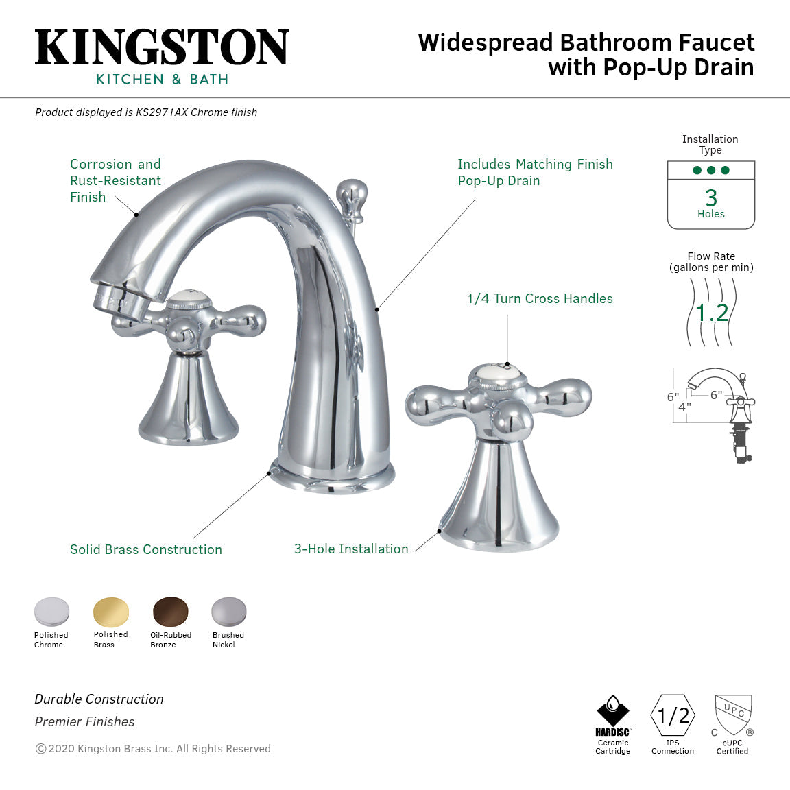 Naples KS2971AX Two-Handle 3-Hole Deck Mount Widespread Bathroom Faucet with Brass Pop-Up, Polished Chrome
