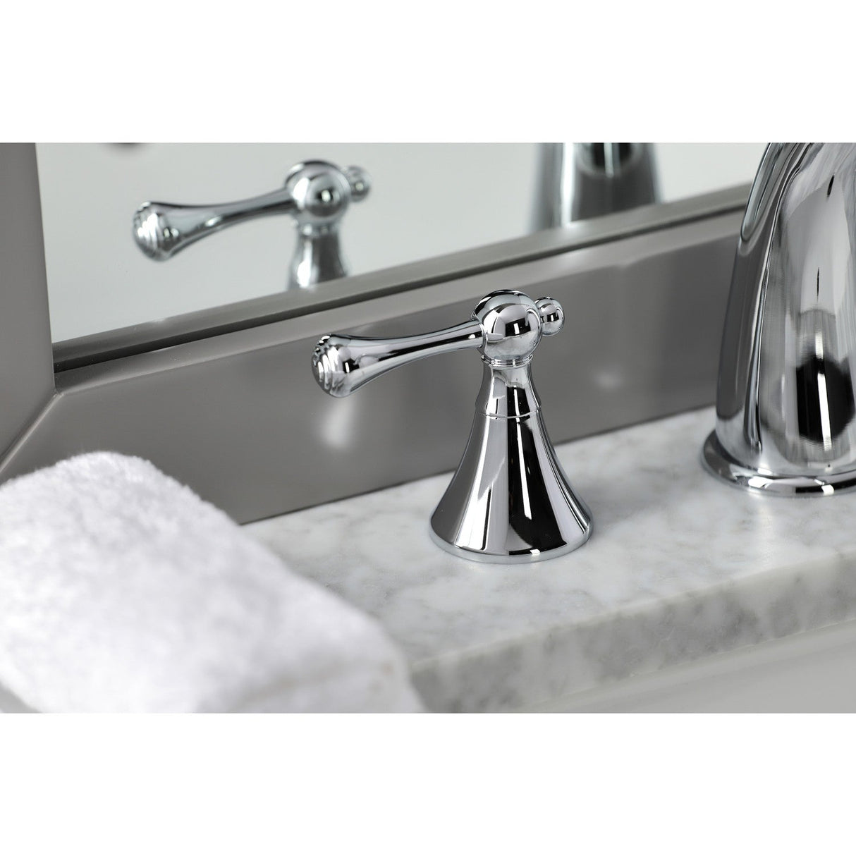 English Country KS2971BL Two-Handle 3-Hole Deck Mount Widespread Bathroom Faucet with Brass Pop-Up, Polished Chrome