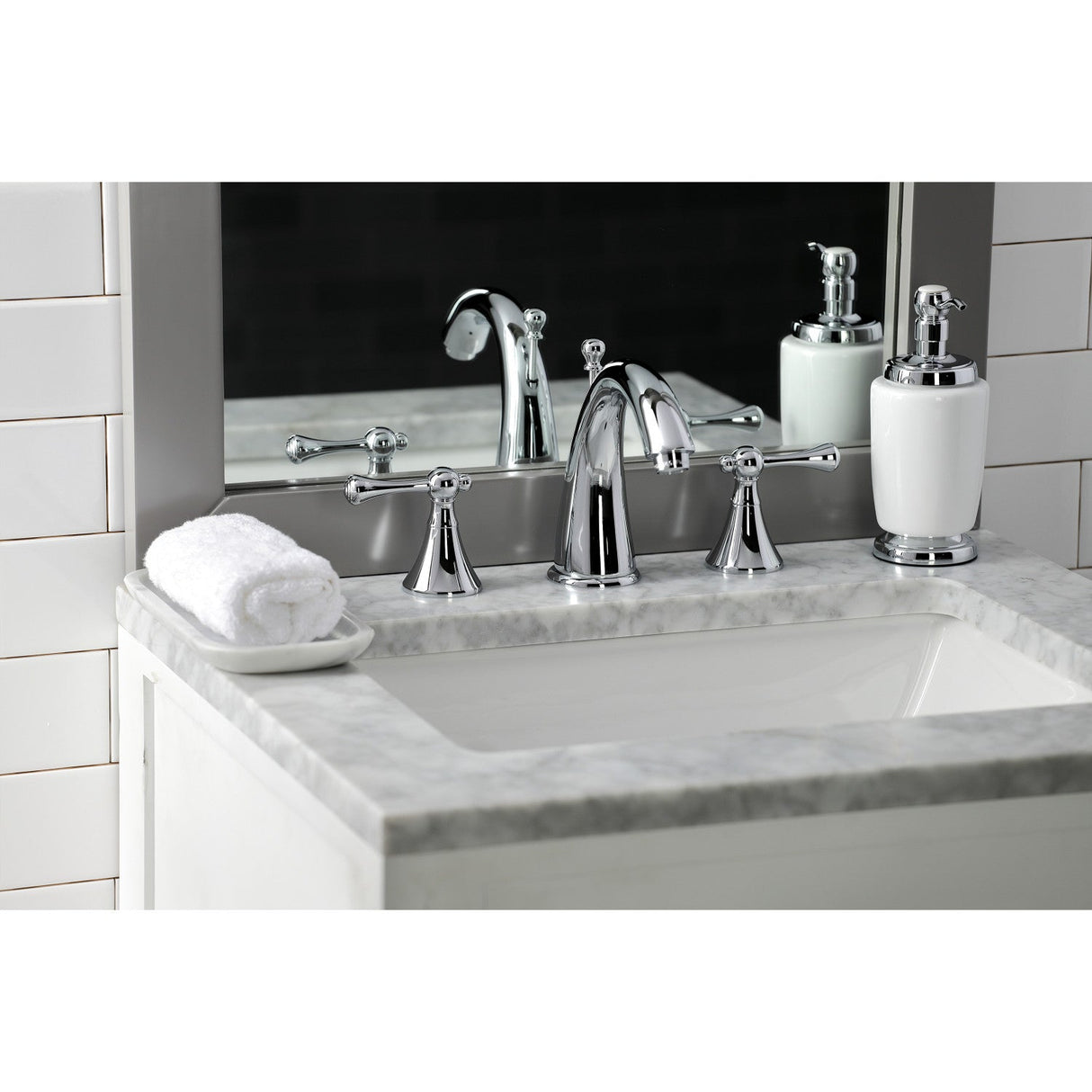 English Country KS2971BL Two-Handle 3-Hole Deck Mount Widespread Bathroom Faucet with Brass Pop-Up, Polished Chrome