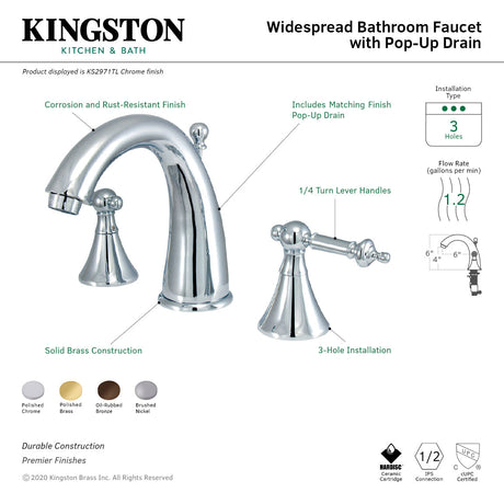 Templeton KS2971TL Two-Handle 3-Hole Deck Mount Widespread Bathroom Faucet with Brass Pop-Up, Polished Chrome