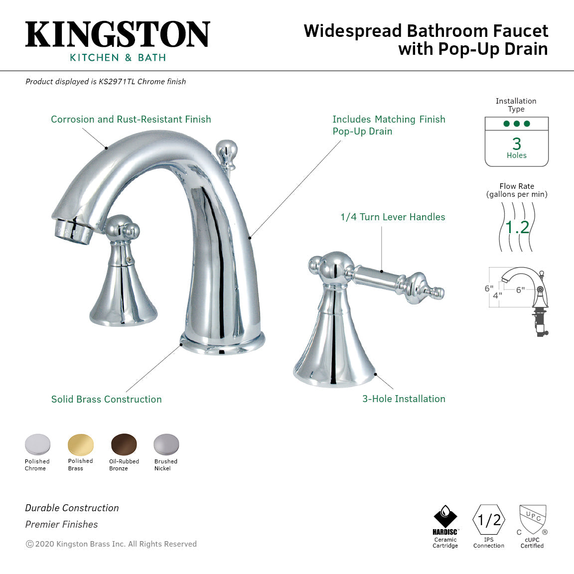 Templeton KS2971TL Two-Handle 3-Hole Deck Mount Widespread Bathroom Faucet with Brass Pop-Up, Polished Chrome