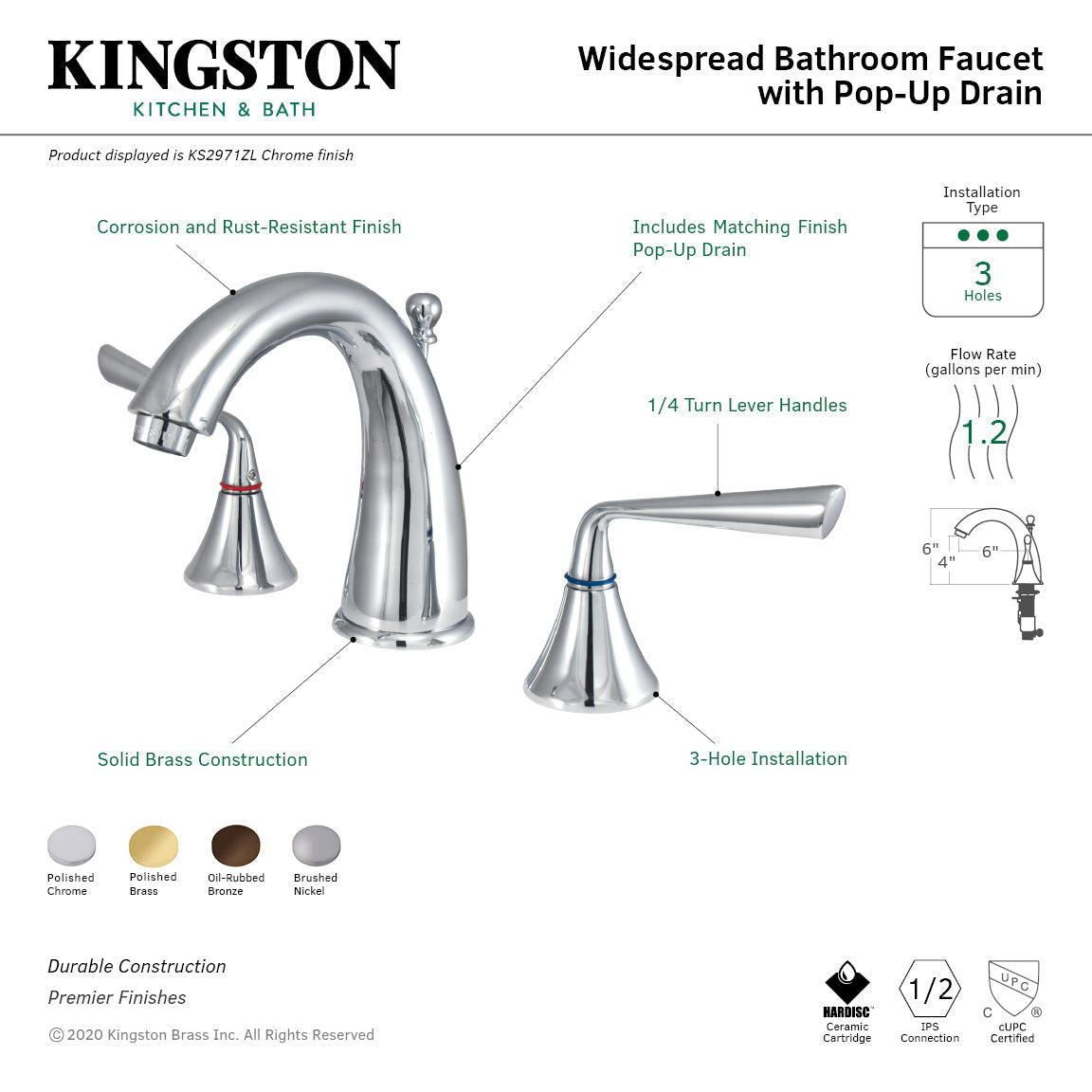 Silver Sage KS2971ZL Two-Handle 3-Hole Deck Mount Widespread Bathroom Faucet with Brass Pop-Up, Polished Chrome