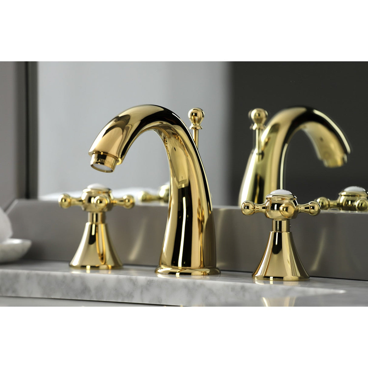 English Country KS2972BX Two-Handle 3-Hole Deck Mount Widespread Bathroom Faucet with Brass Pop-Up, Polished Brass