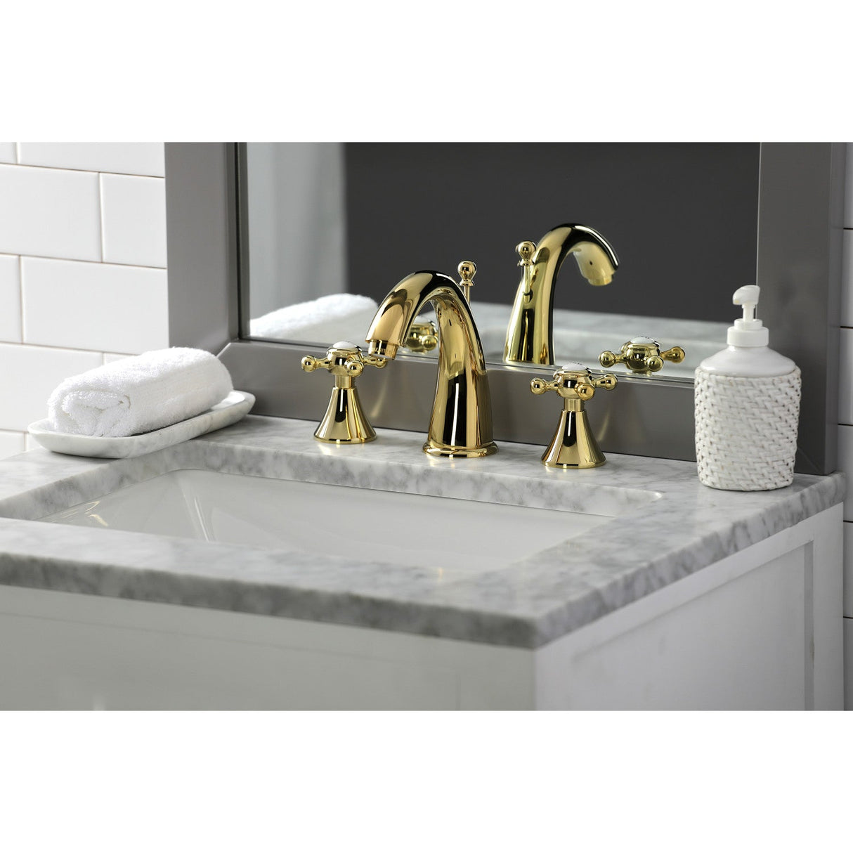 English Country KS2972BX Two-Handle 3-Hole Deck Mount Widespread Bathroom Faucet with Brass Pop-Up, Polished Brass