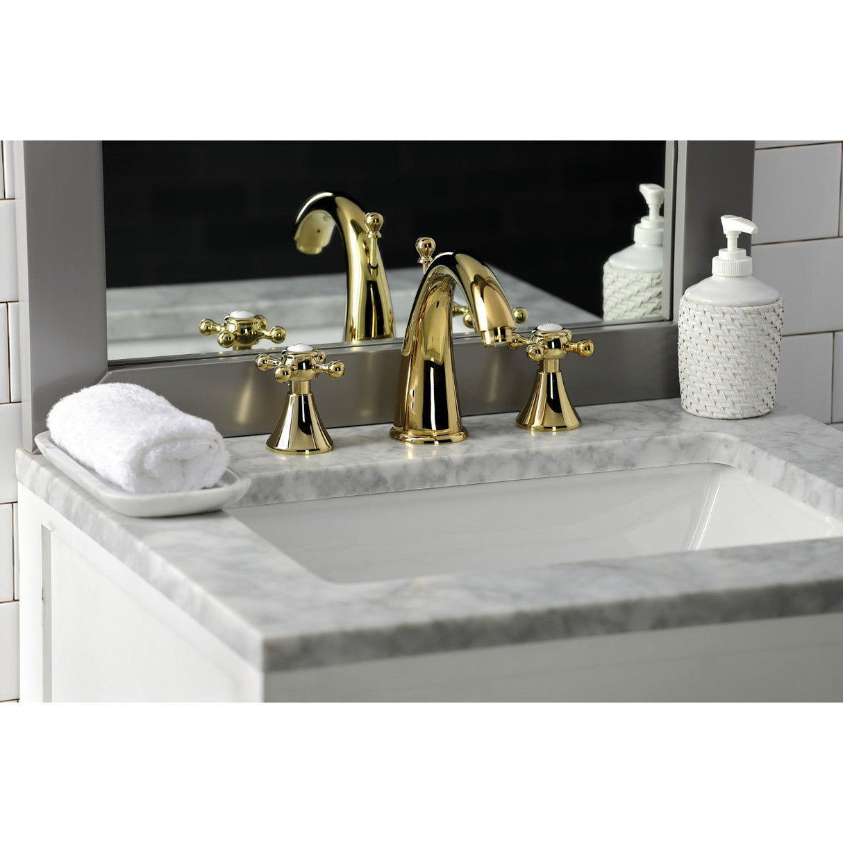 English Country KS2972BX Two-Handle 3-Hole Deck Mount Widespread Bathroom Faucet with Brass Pop-Up, Polished Brass