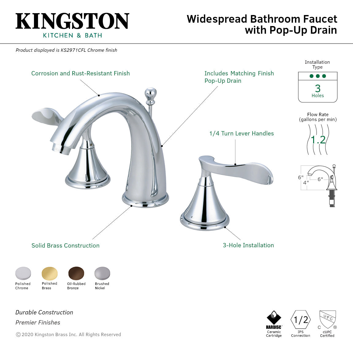 Century KS2972CFL Two-Handle 3-Hole Deck Mount Widespread Bathroom Faucet with Brass Pop-Up, Polished Brass
