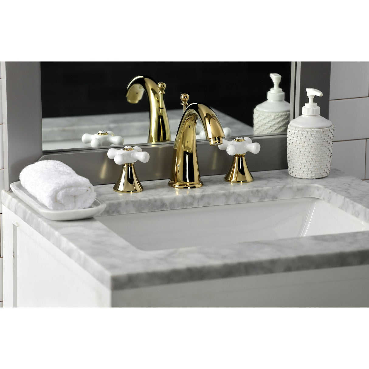 Naples KS2972PX Two-Handle 3-Hole Deck Mount Widespread Bathroom Faucet with Brass Pop-Up, Polished Brass