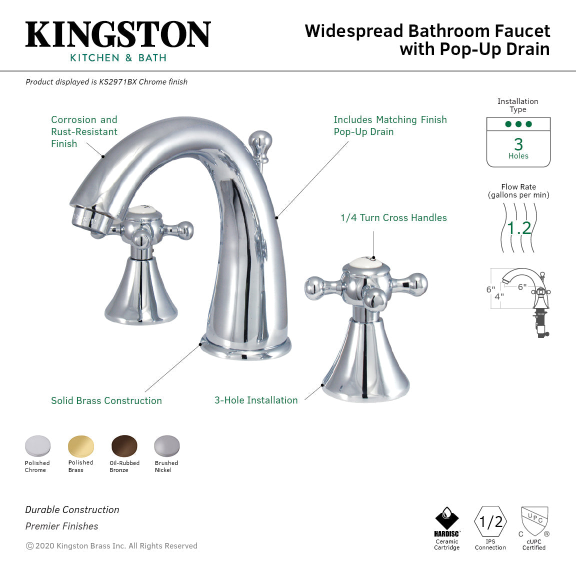 English Country KS2975BX Two-Handle 3-Hole Deck Mount Widespread Bathroom Faucet with Brass Pop-Up, Oil Rubbed Bronze