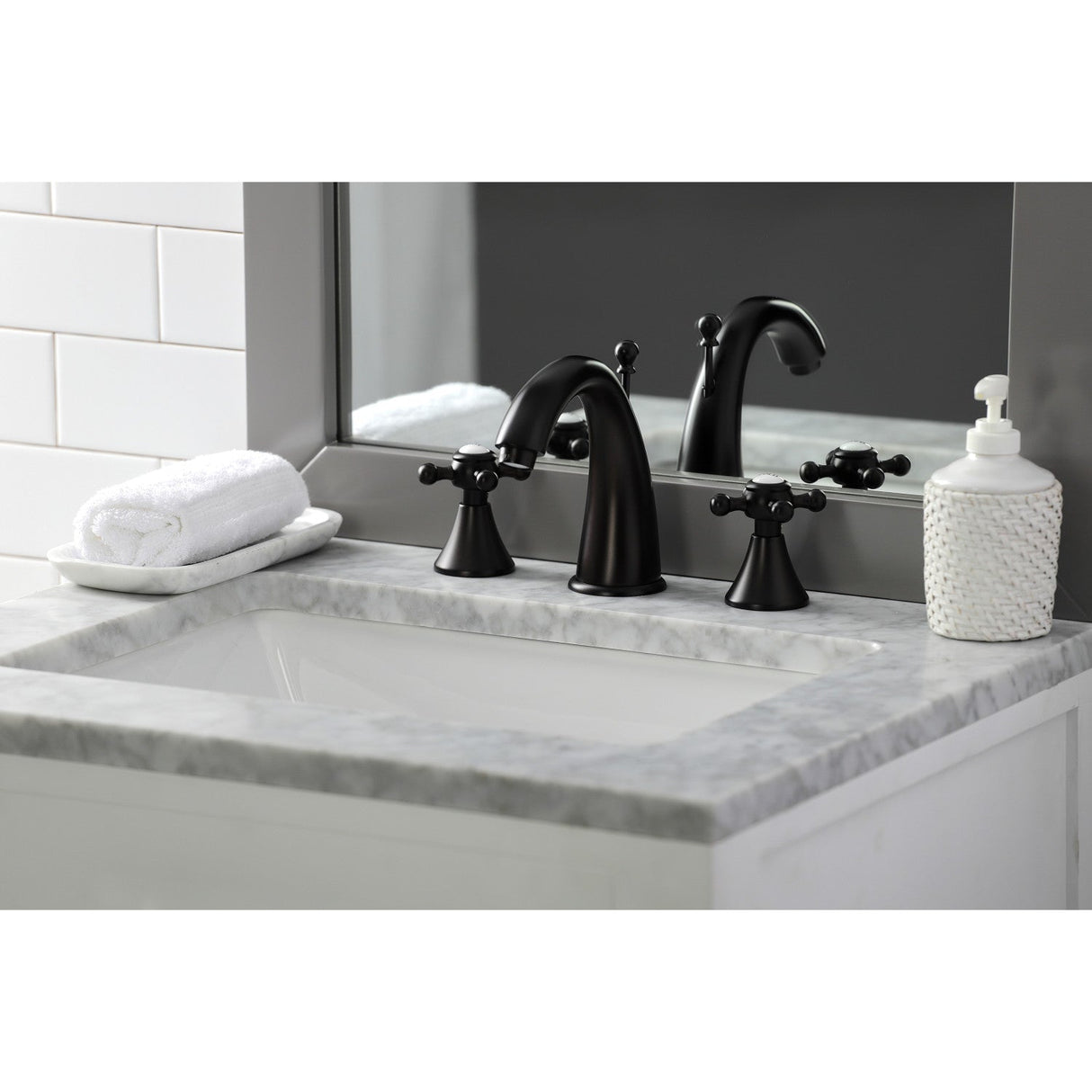 English Country KS2975BX Two-Handle 3-Hole Deck Mount Widespread Bathroom Faucet with Brass Pop-Up, Oil Rubbed Bronze
