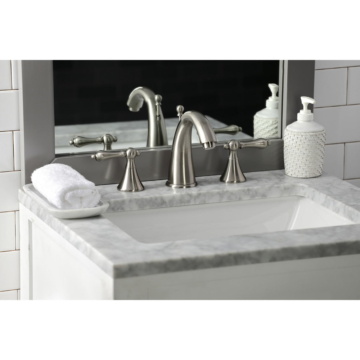 Naples KS2978AL Two-Handle 3-Hole Deck Mount Widespread Bathroom Faucet with Brass Pop-Up, Brushed Nickel
