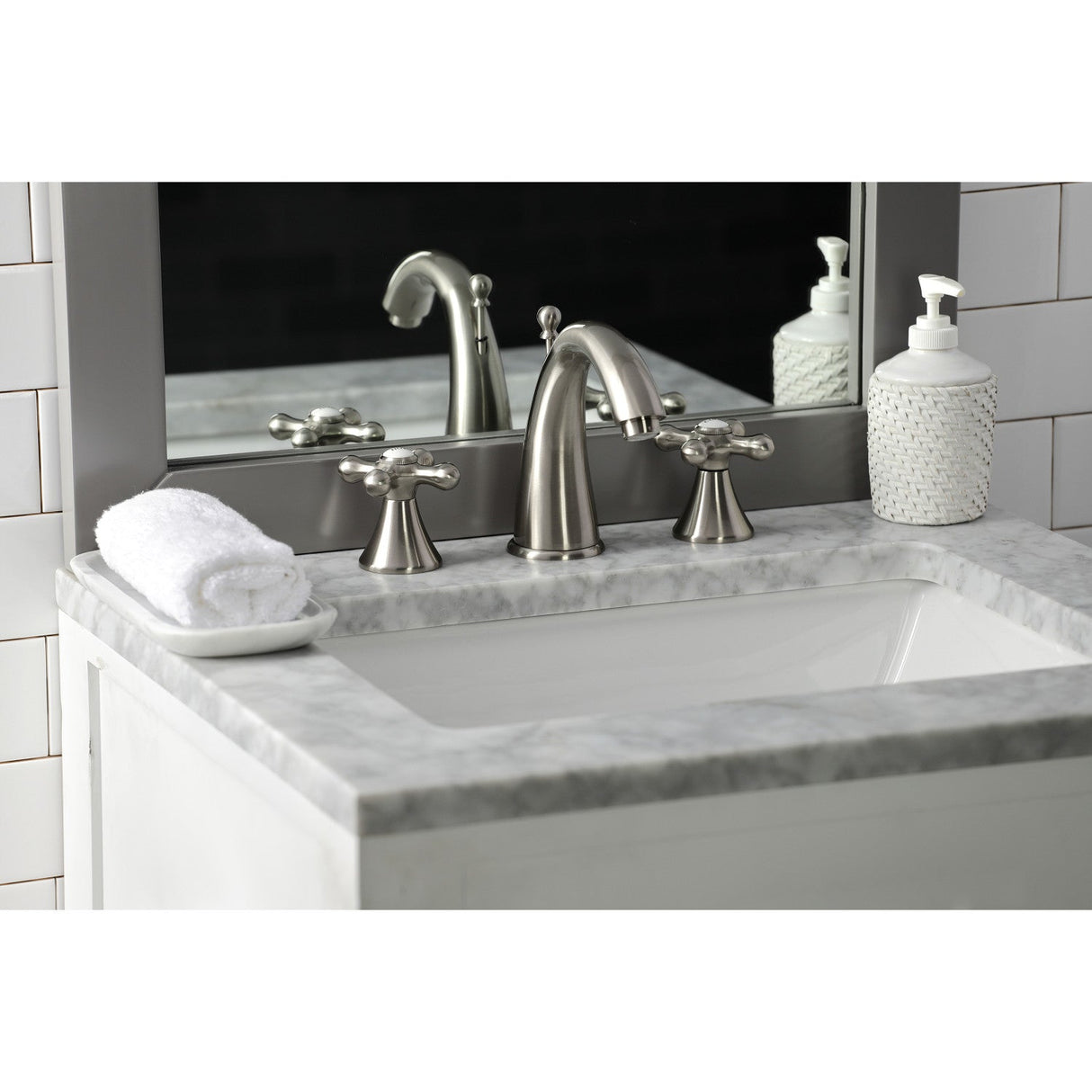 Naples KS2978AX Two-Handle 3-Hole Deck Mount Widespread Bathroom Faucet with Brass Pop-Up, Brushed Nickel