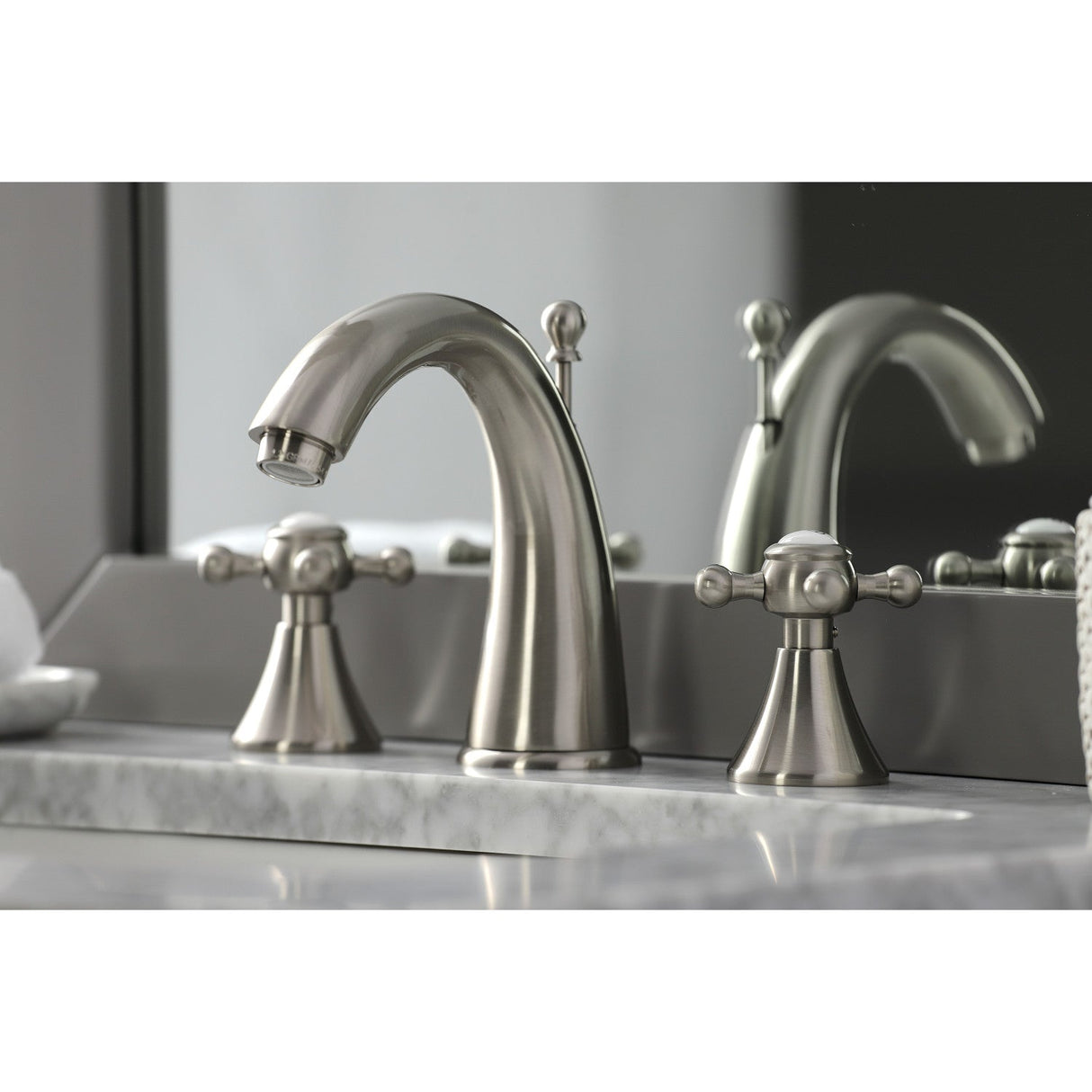 English Country KS2978BX Two-Handle 3-Hole Deck Mount Widespread Bathroom Faucet with Brass Pop-Up, Brushed Nickel