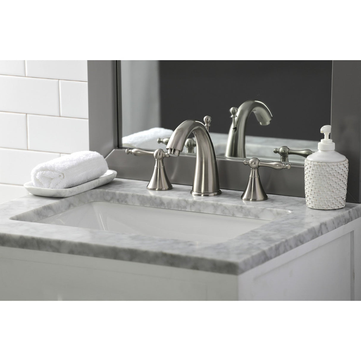 Naples KS2978NL Two-Handle 3-Hole Deck Mount Widespread Bathroom Faucet with Brass Pop-Up, Brushed Nickel