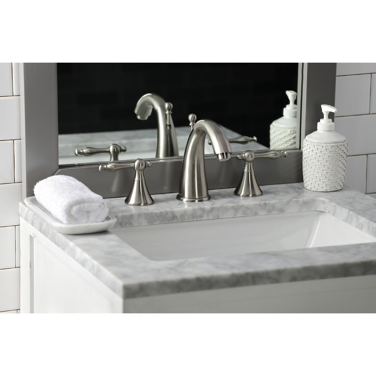 Naples KS2978NL Two-Handle 3-Hole Deck Mount Widespread Bathroom Faucet with Brass Pop-Up, Brushed Nickel