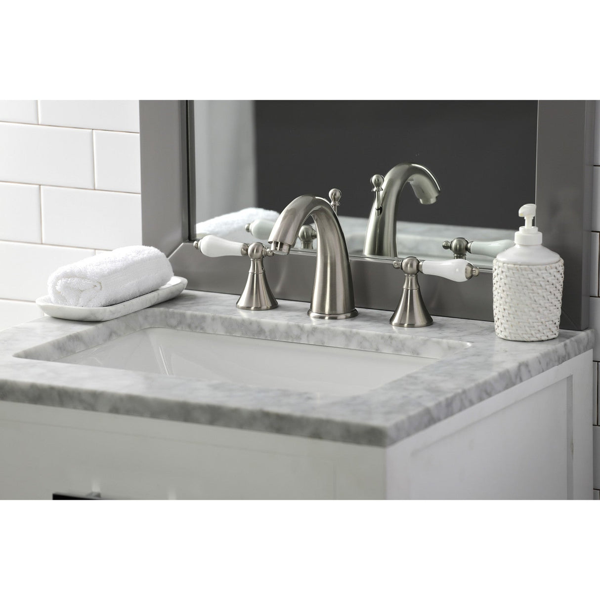 Naples KS2978PL Two-Handle 3-Hole Deck Mount Widespread Bathroom Faucet with Brass Pop-Up, Brushed Nickel