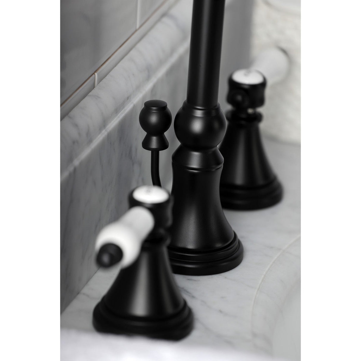 Bel-Air KS2980BPL Two-Handle 3-Hole Deck Mount Widespread Bathroom Faucet with Brass Pop-Up, Matte Black