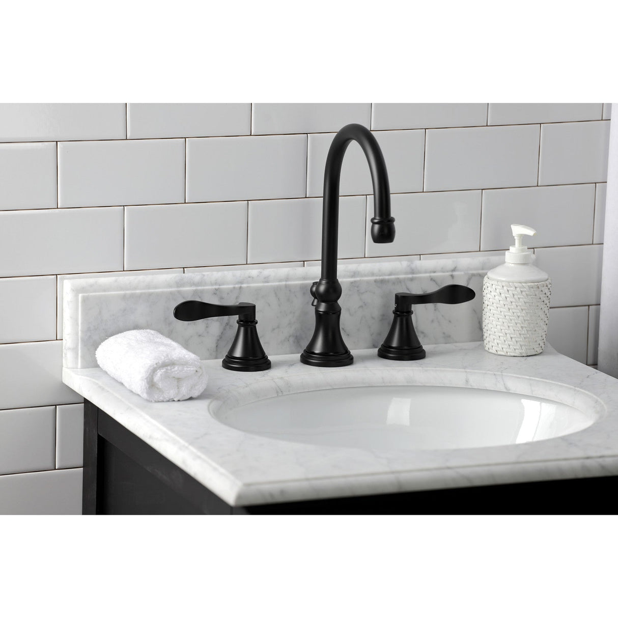 NuFrench KS2980DFL Two-Handle 3-Hole Deck Mount Widespread Bathroom Faucet with Brass Pop-Up, Matte Black