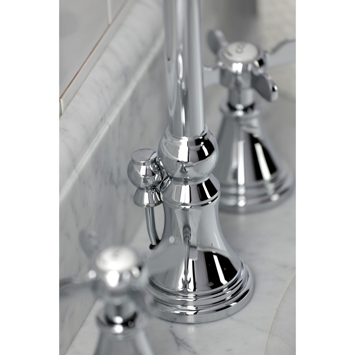 Essex KS2981BEX Two-Handle 3-Hole Deck Mount Widespread Bathroom Faucet with Brass Pop-Up, Polished Chrome