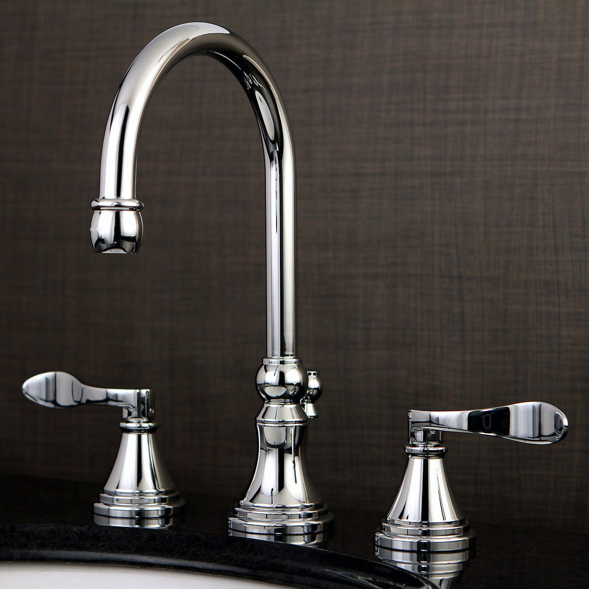 NuFrench KS2981DFL Two-Handle 3-Hole Deck Mount Widespread Bathroom Faucet with Brass Pop-Up, Polished Chrome