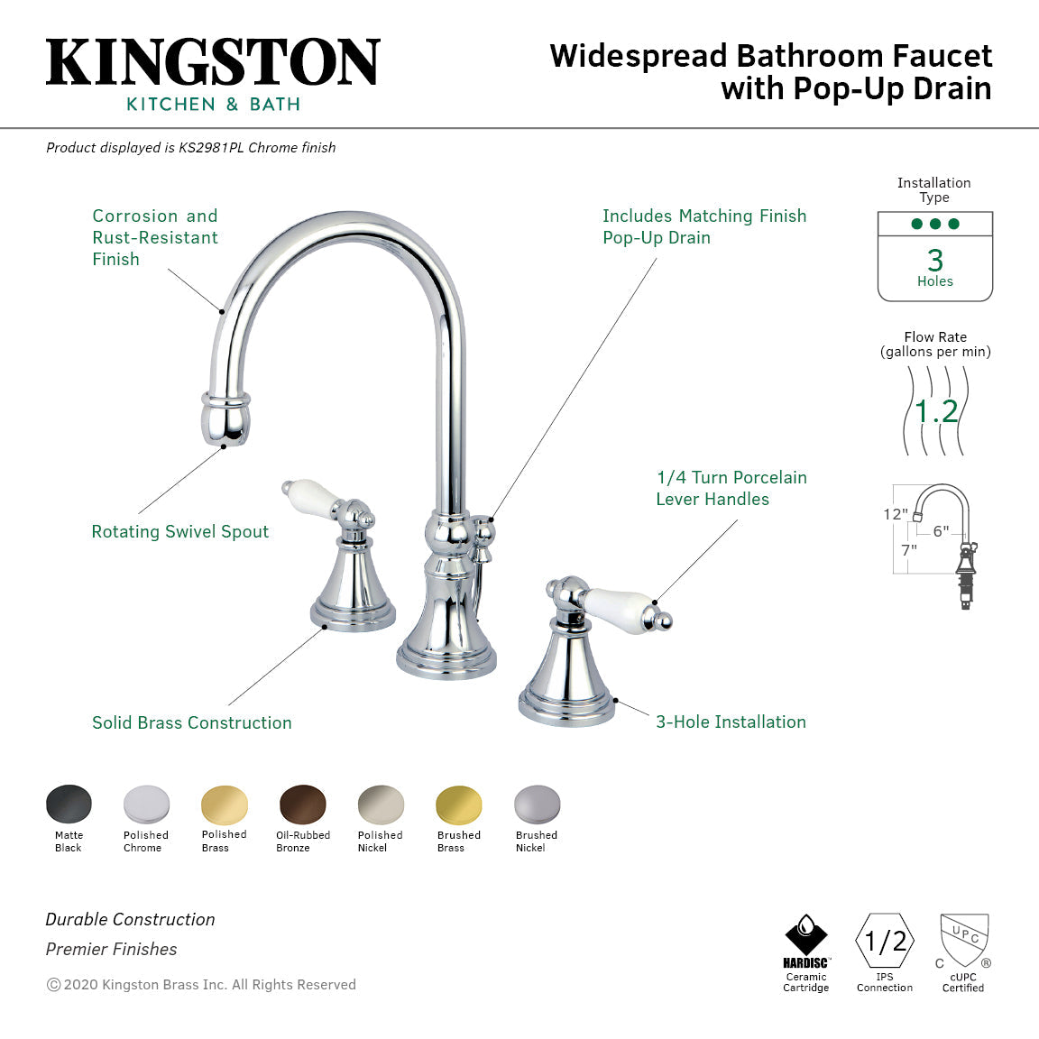 Governor KS2981PL Two-Handle 3-Hole Deck Mount Widespread Bathroom Faucet with Brass Pop-Up, Polished Chrome