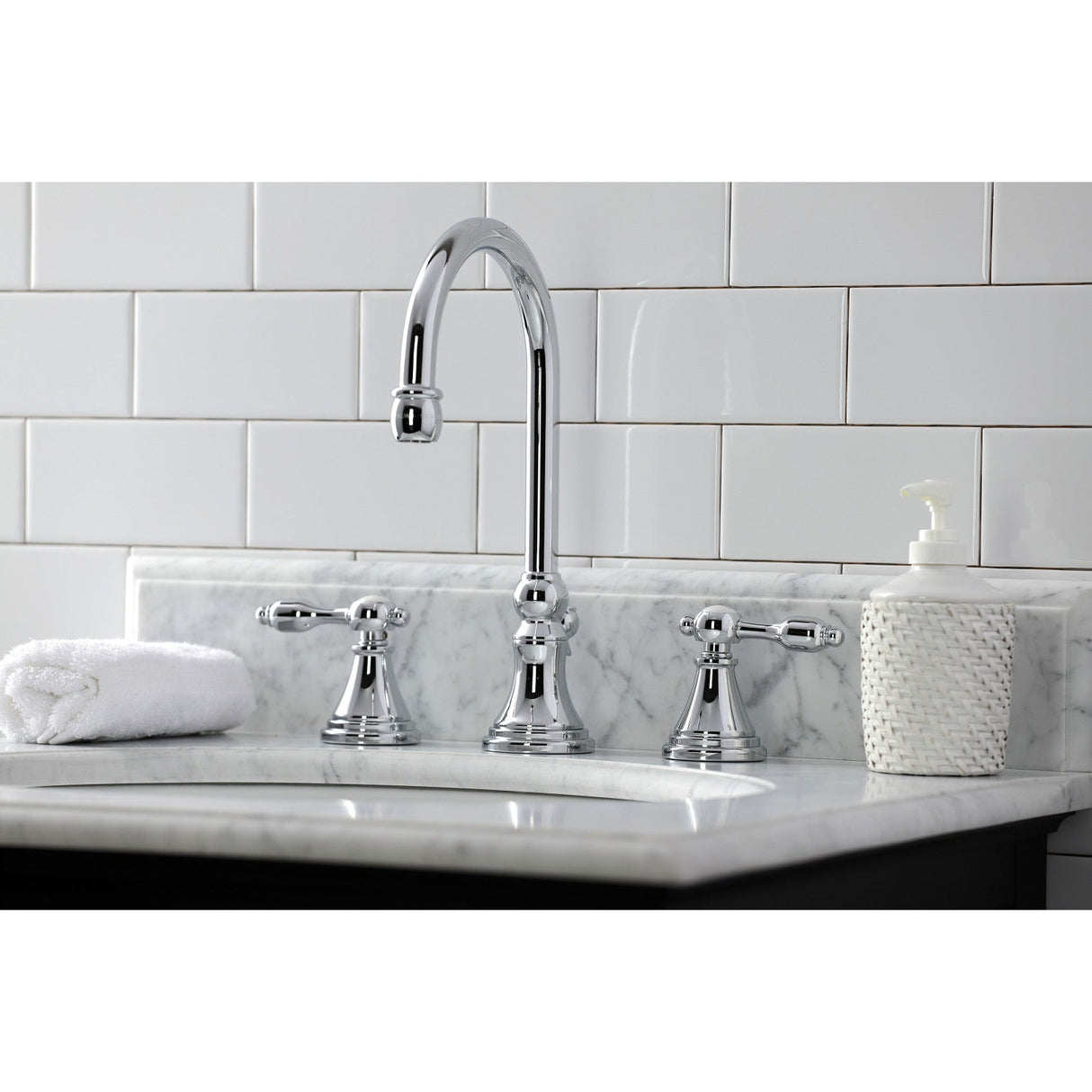 Tudor KS2981TAL Two-Handle 3-Hole Deck Mount Widespread Bathroom Faucet with Brass Pop-Up, Polished Chrome