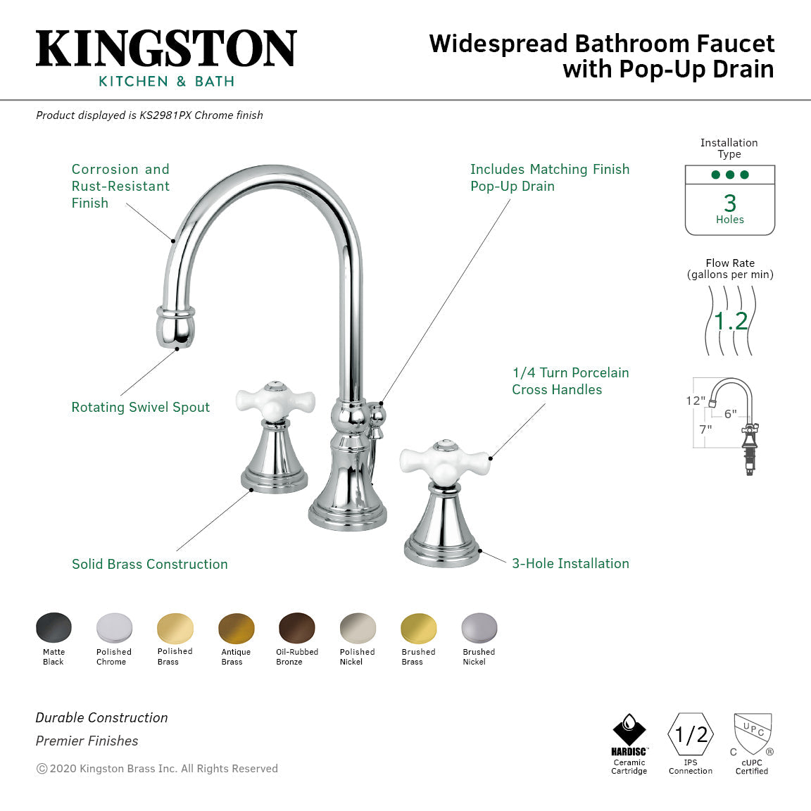 Governor KS2982PX Two-Handle 3-Hole Deck Mount Widespread Bathroom Faucet with Brass Pop-Up, Polished Brass
