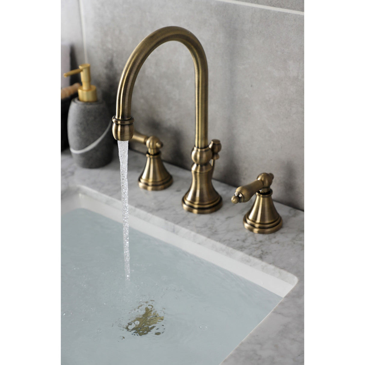 Governor KS2983AL Two-Handle 3-Hole Deck Mount Widespread Bathroom Faucet with Brass Pop-Up, Antique Brass
