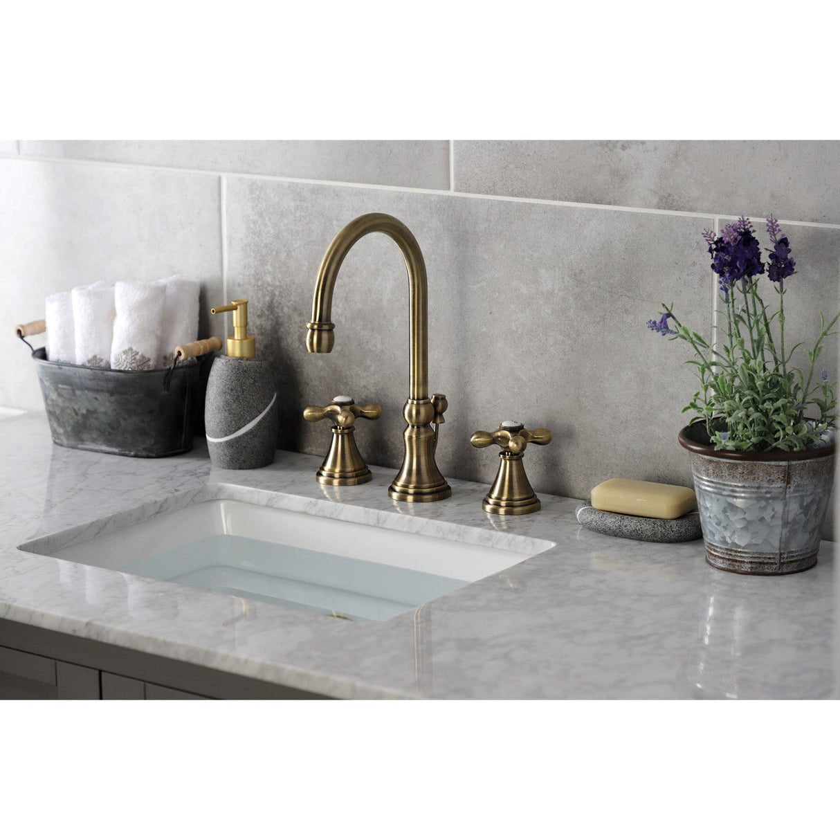 Governor KS2983AX Two-Handle 3-Hole Deck Mount Widespread Bathroom Faucet with Brass Pop-Up, Antique Brass