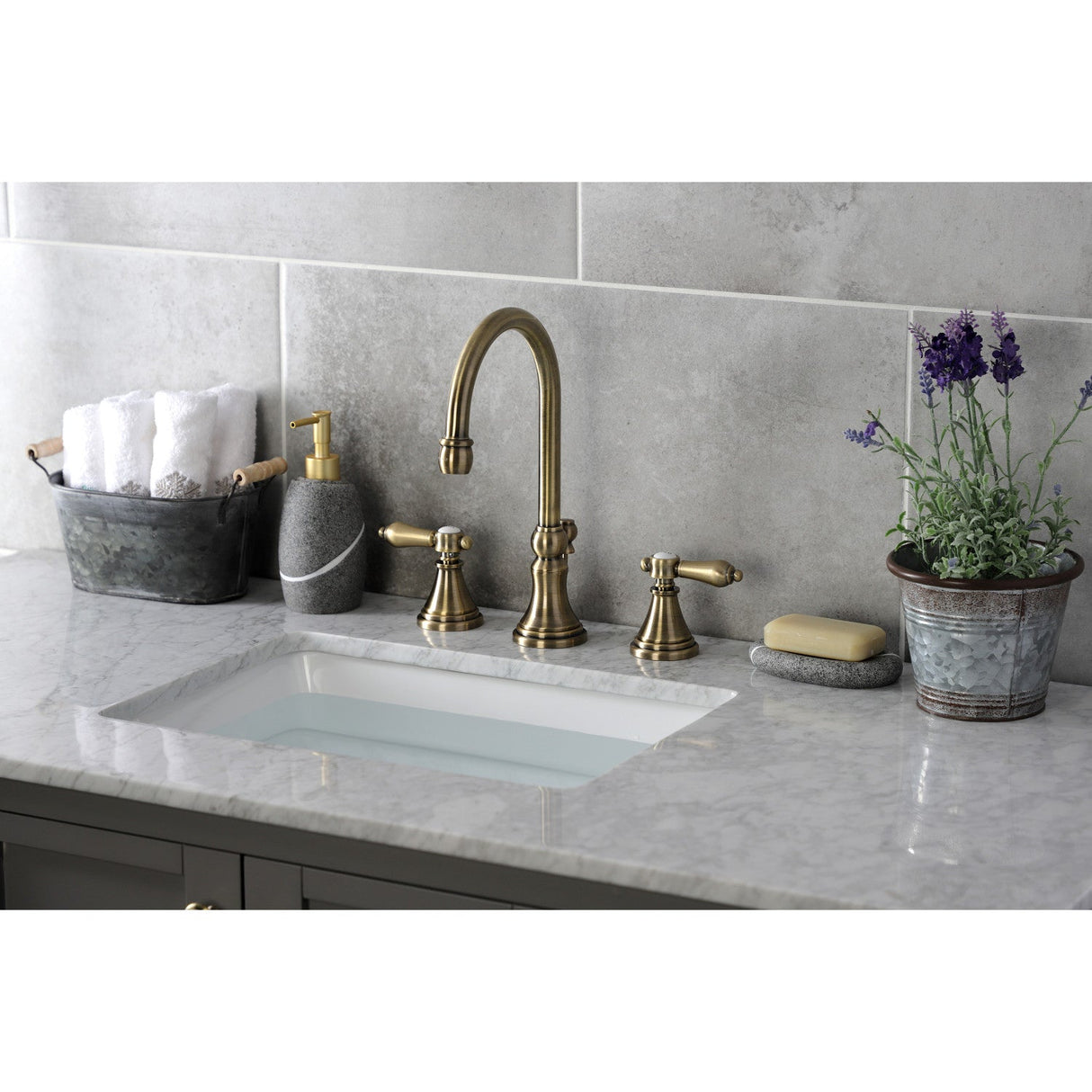 Heirloom KS2983BAL Two-Handle 3-Hole Deck Mount Widespread Bathroom Faucet with Brass Pop-Up, Antique Brass