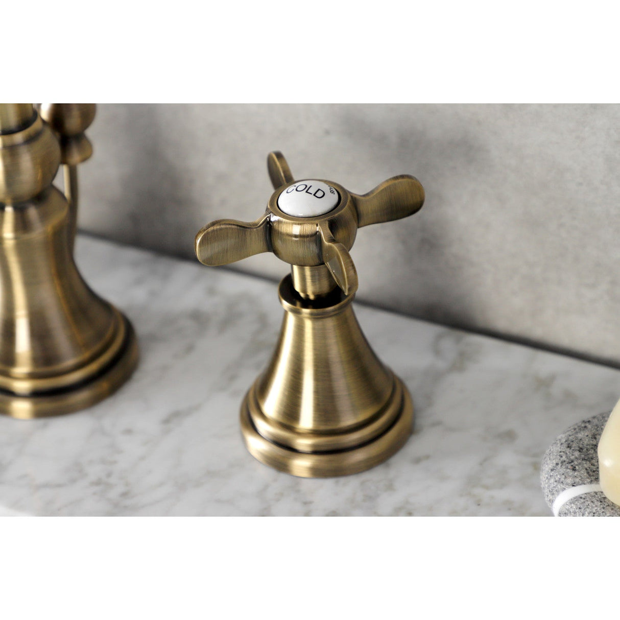 Essex KS2983BEX Two-Handle 3-Hole Deck Mount Widespread Bathroom Faucet with Brass Pop-Up, Antique Brass