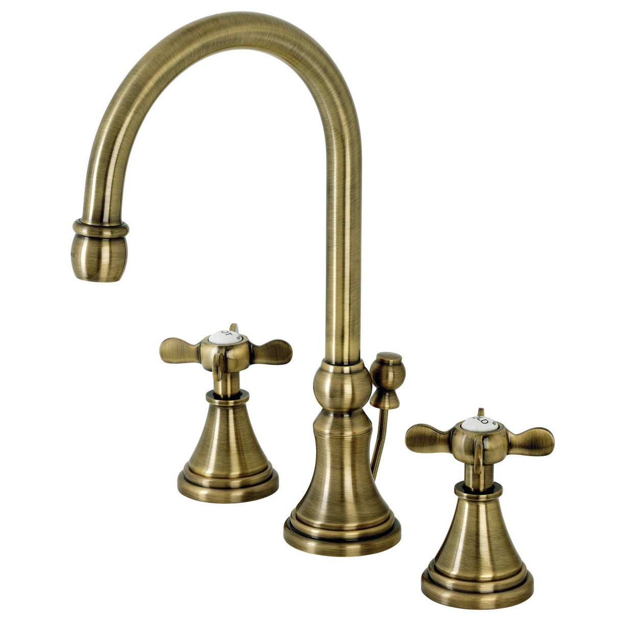 Essex KS2983BEX Two-Handle 3-Hole Deck Mount Widespread Bathroom Faucet with Brass Pop-Up, Antique Brass