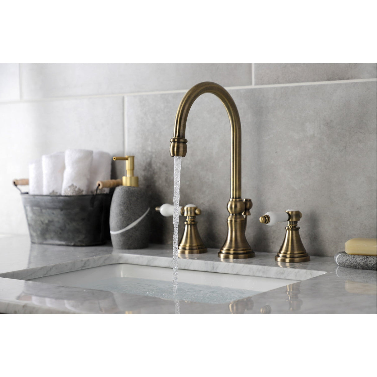 Bel-Air KS2983BPL Two-Handle 3-Hole Deck Mount Widespread Bathroom Faucet with Brass Pop-Up, Antique Brass