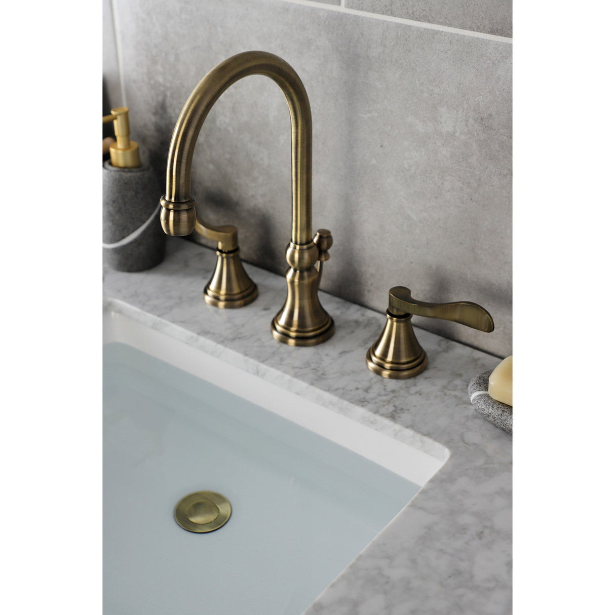 NuFrench KS2983DFL Two-Handle 3-Hole Deck Mount Widespread Bathroom Faucet with Brass Pop-Up, Antique Brass