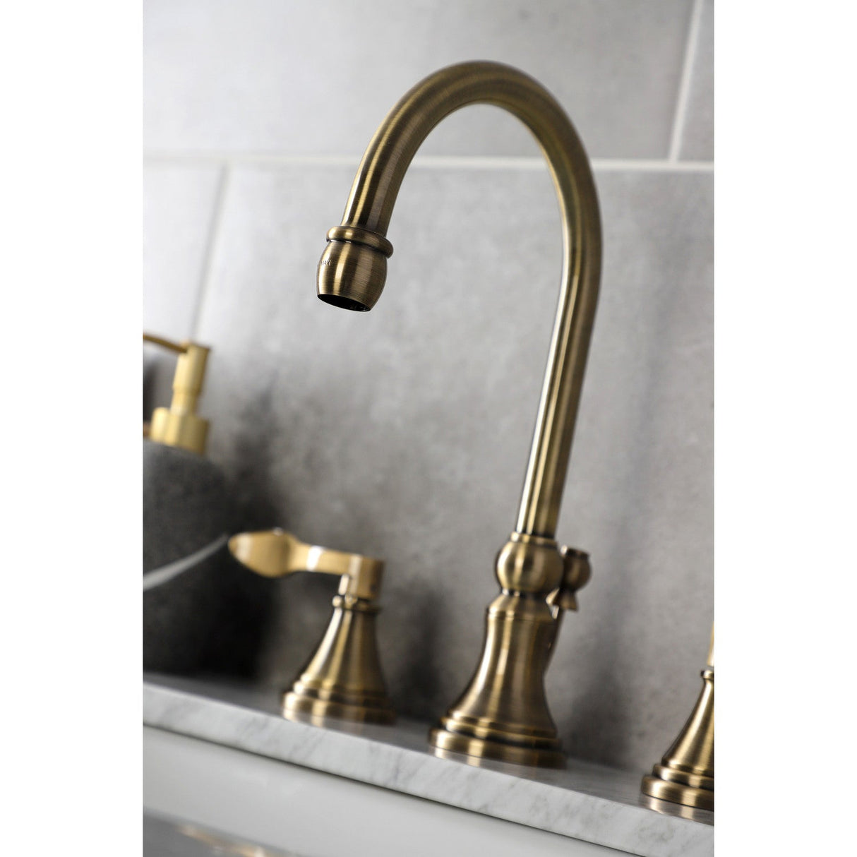 NuFrench KS2983DFL Two-Handle 3-Hole Deck Mount Widespread Bathroom Faucet with Brass Pop-Up, Antique Brass