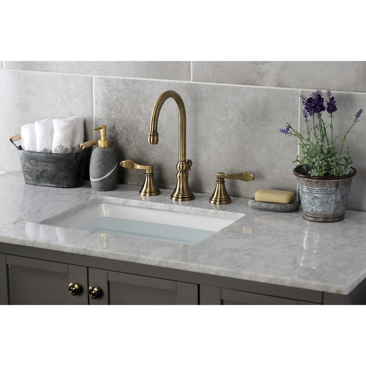 NuFrench KS2983DFL Two-Handle 3-Hole Deck Mount Widespread Bathroom Faucet with Brass Pop-Up, Antique Brass