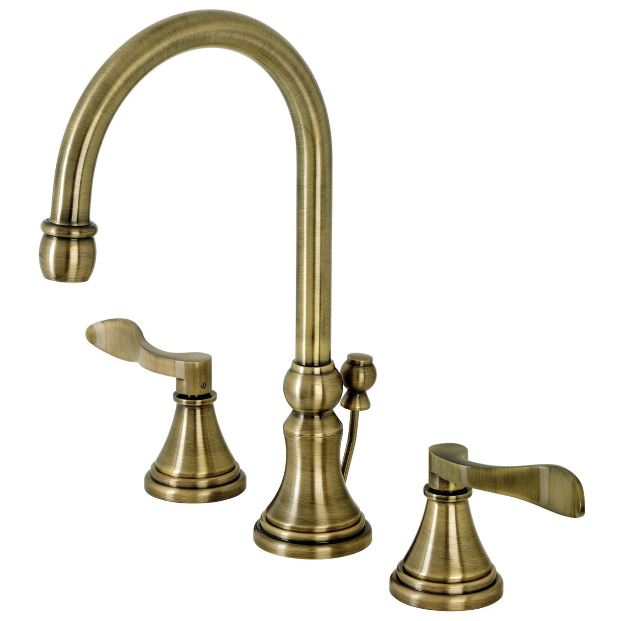 NuFrench KS2983DFL Two-Handle 3-Hole Deck Mount Widespread Bathroom Faucet with Brass Pop-Up, Antique Brass