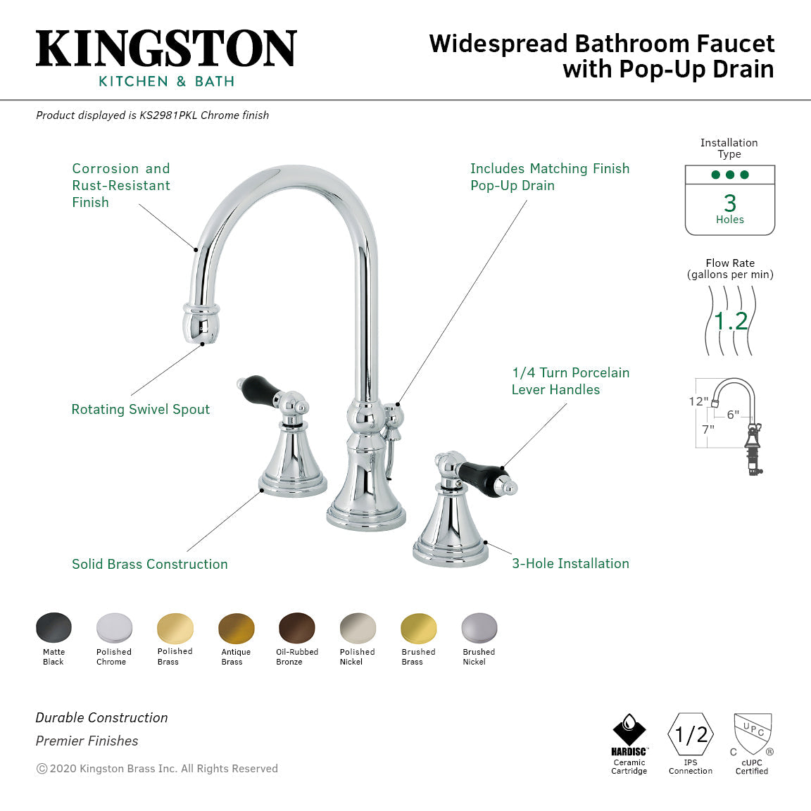 Duchess KS2983PKL Two-Handle 3-Hole Deck Mount Widespread Bathroom Faucet with Brass Pop-Up, Antique Brass