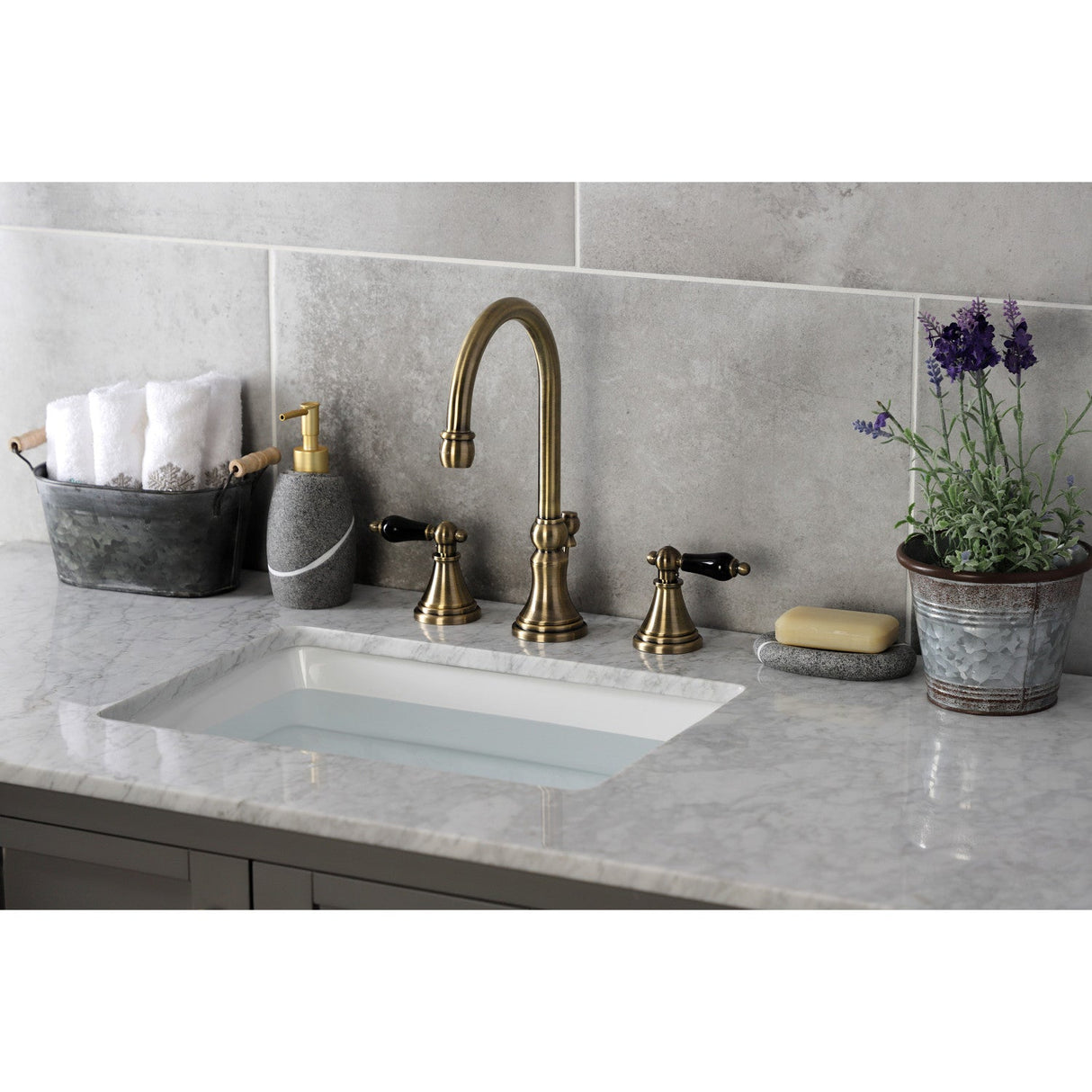 Duchess KS2983PKL Two-Handle 3-Hole Deck Mount Widespread Bathroom Faucet with Brass Pop-Up, Antique Brass