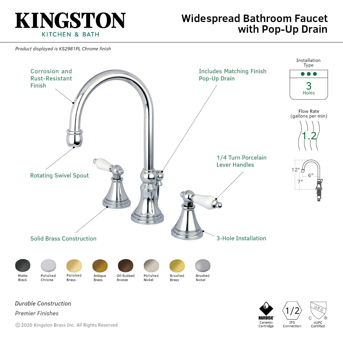 Governor KS2983PL Two-Handle 3-Hole Deck Mount Widespread Bathroom Faucet with Brass Pop-Up, Antique Brass