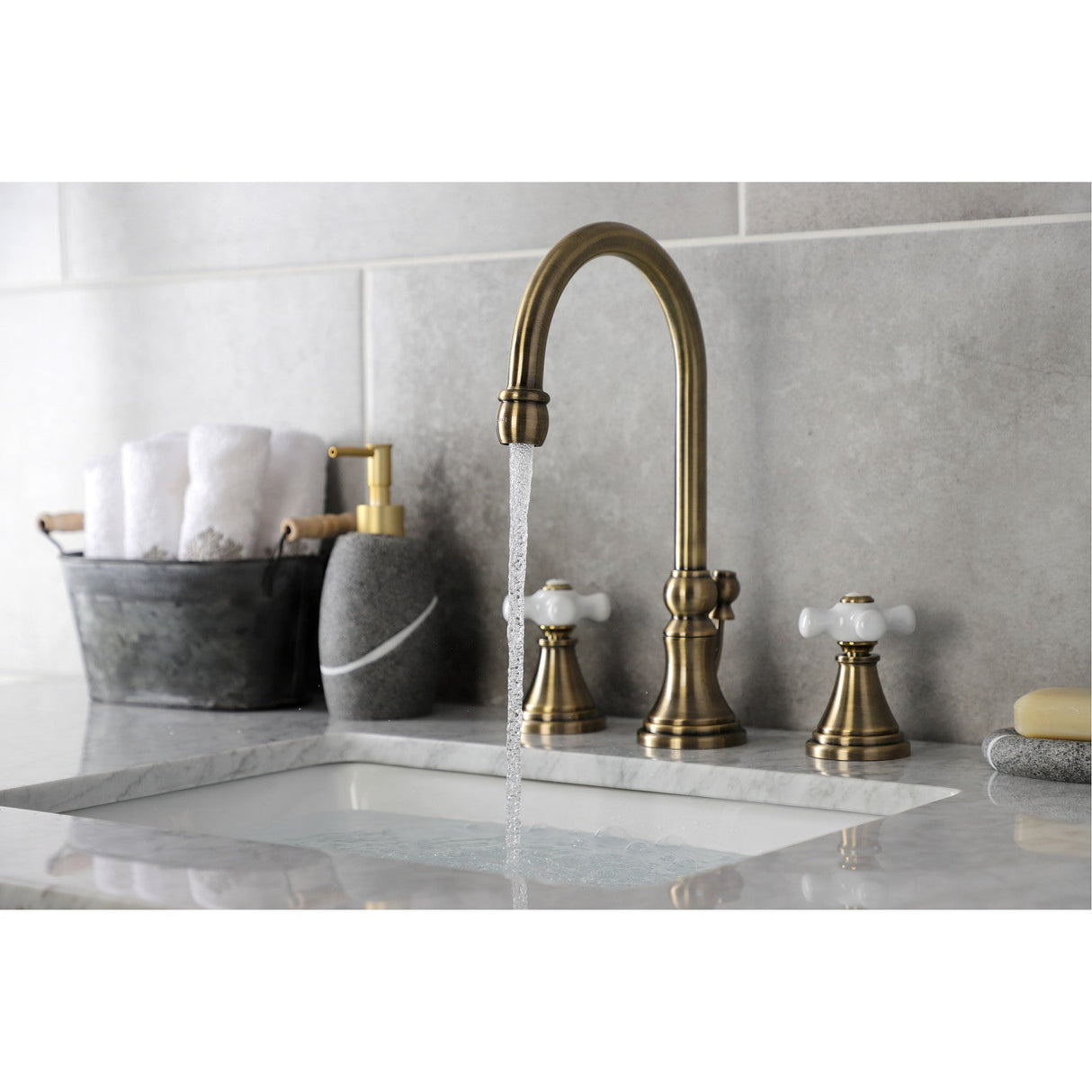 Governor KS2983PX Two-Handle 3-Hole Deck Mount Widespread Bathroom Faucet with Brass Pop-Up, Antique Brass