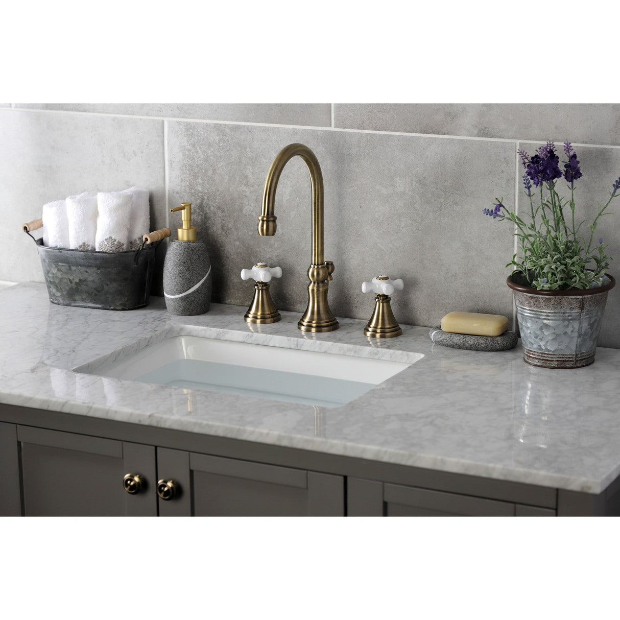 Governor KS2983PX Two-Handle 3-Hole Deck Mount Widespread Bathroom Faucet with Brass Pop-Up, Antique Brass