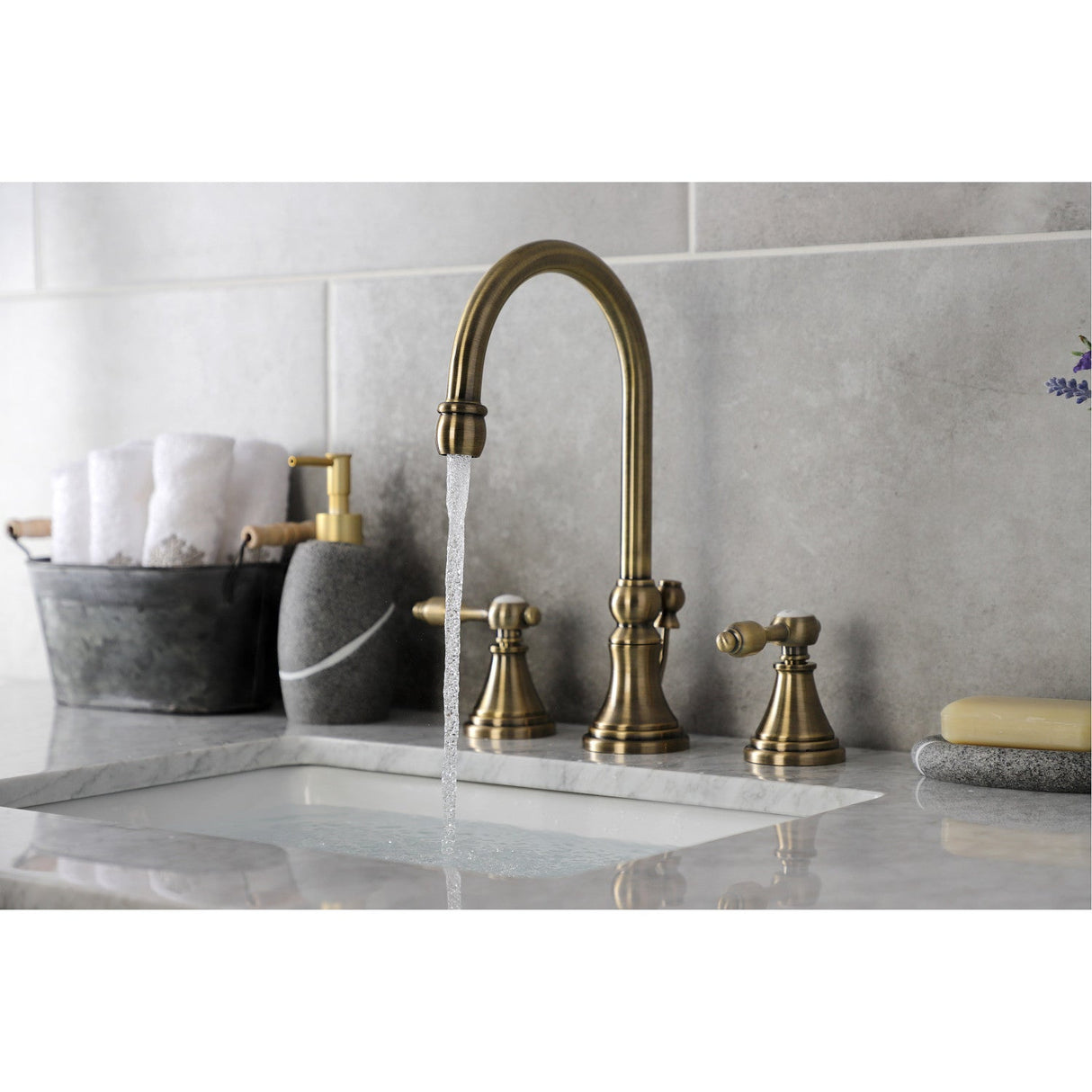 Tudor KS2983TAL Two-Handle 3-Hole Deck Mount Widespread Bathroom Faucet with Brass Pop-Up, Antique Brass