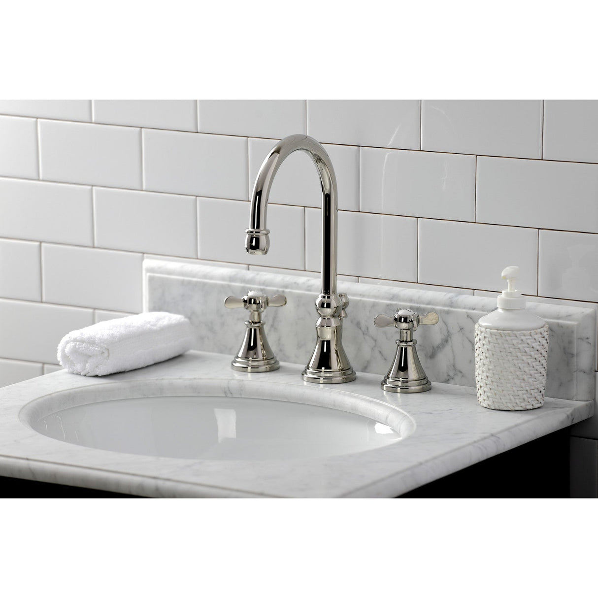 Essex KS2986BEX Two-Handle 3-Hole Deck Mount Widespread Bathroom Faucet with Brass Pop-Up, Polished Nickel