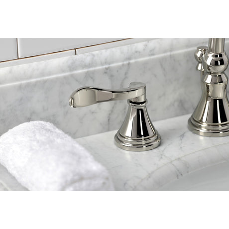 NuFrench KS2986DFL Two-Handle 3-Hole Deck Mount Widespread Bathroom Faucet with Brass Pop-Up, Polished Nickel