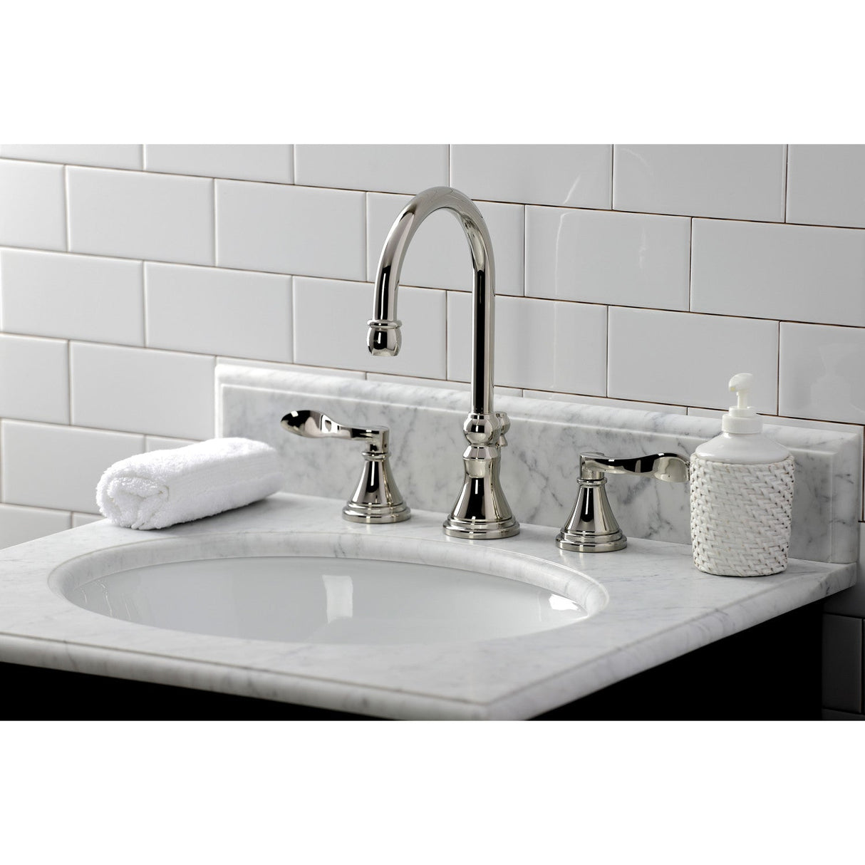 NuFrench KS2986DFL Two-Handle 3-Hole Deck Mount Widespread Bathroom Faucet with Brass Pop-Up, Polished Nickel