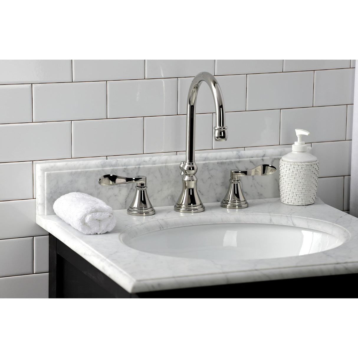 NuFrench KS2986DFL Two-Handle 3-Hole Deck Mount Widespread Bathroom Faucet with Brass Pop-Up, Polished Nickel