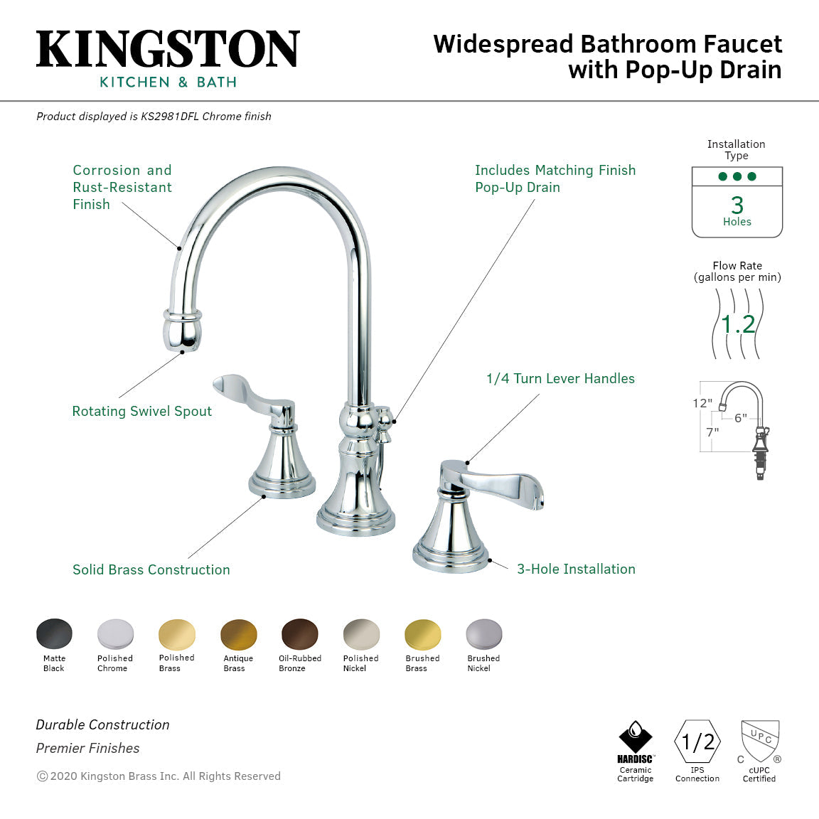 NuFrench KS2987DFL Two-Handle 3-Hole Deck Mount Widespread Bathroom Faucet with Brass Pop-Up, Brushed Brass