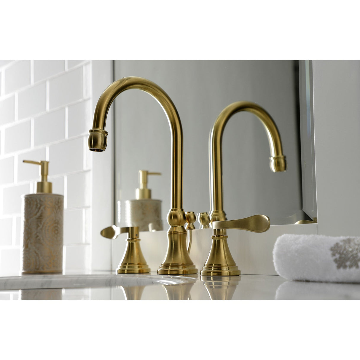 NuFrench KS2987DFL Two-Handle 3-Hole Deck Mount Widespread Bathroom Faucet with Brass Pop-Up, Brushed Brass