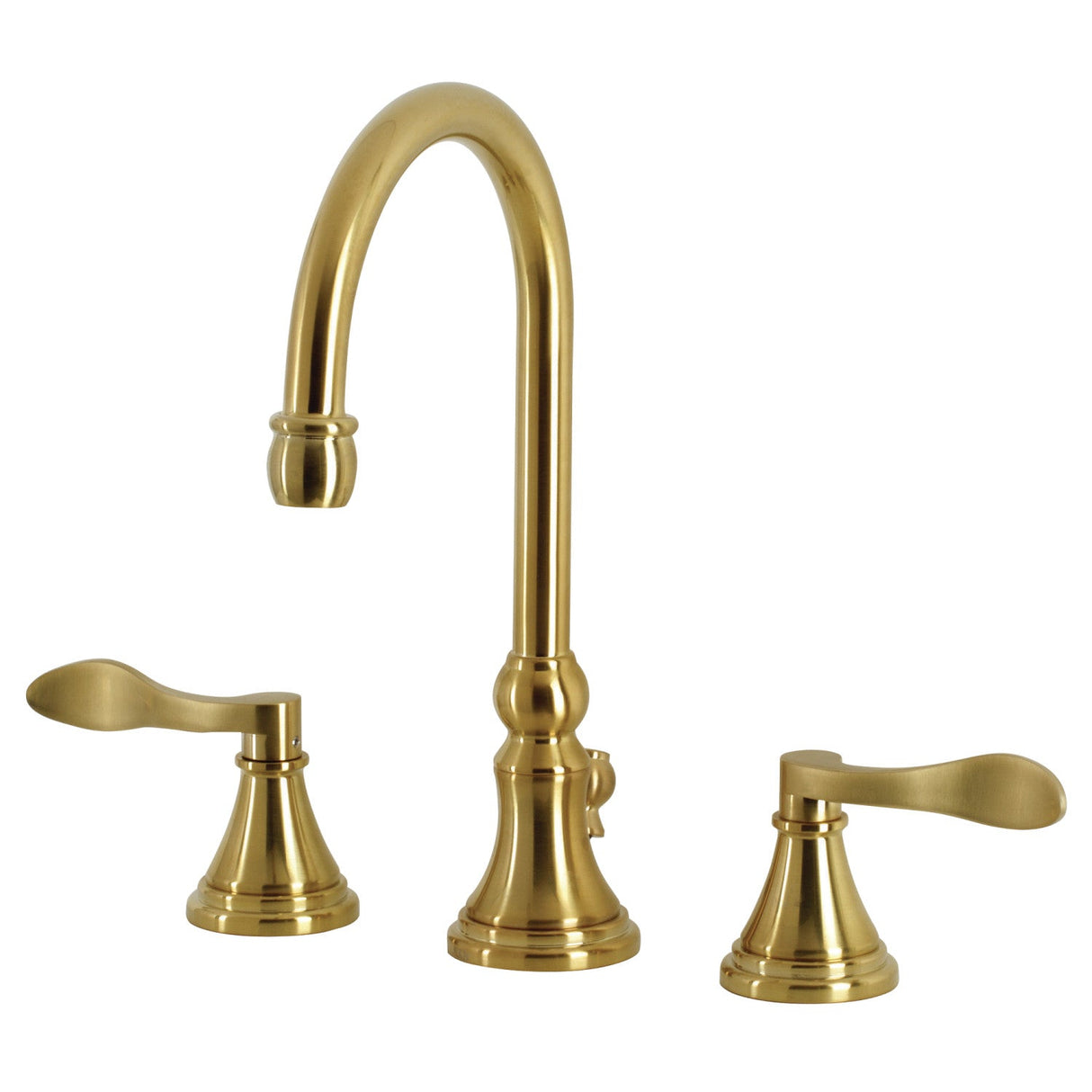 NuFrench KS2987DFL Two-Handle 3-Hole Deck Mount Widespread Bathroom Faucet with Brass Pop-Up, Brushed Brass