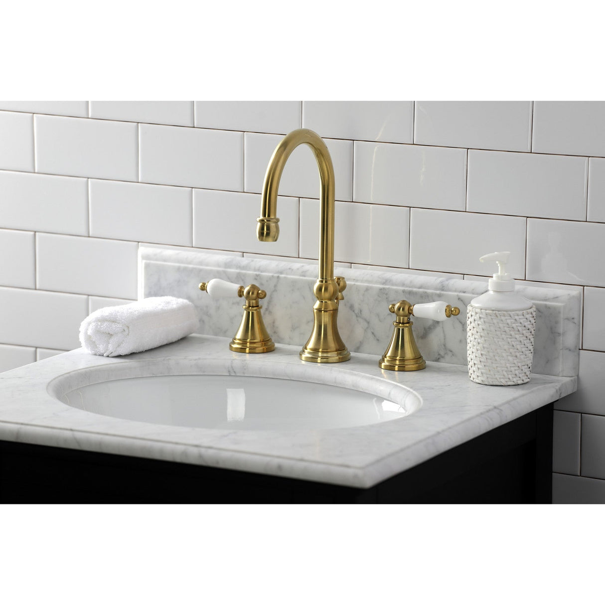 Governor KS2987PL Two-Handle 3-Hole Deck Mount Widespread Bathroom Faucet with Brass Pop-Up, Brushed Brass